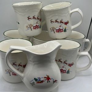 Pfaltzgraff snow village Mugs and creamer sugar Set